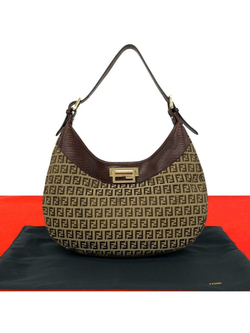 Fendi Vintage Zucchino FF Logo Pattern Leather Canvas Shoulder Bag Brown Khaki